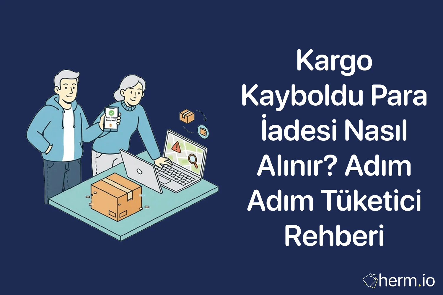 Kaybolan kargo için para iadesi sürecini araştıran tüketiciler ve bilgisayar ekranında takip sistemi – adım adım tüketici rehberi