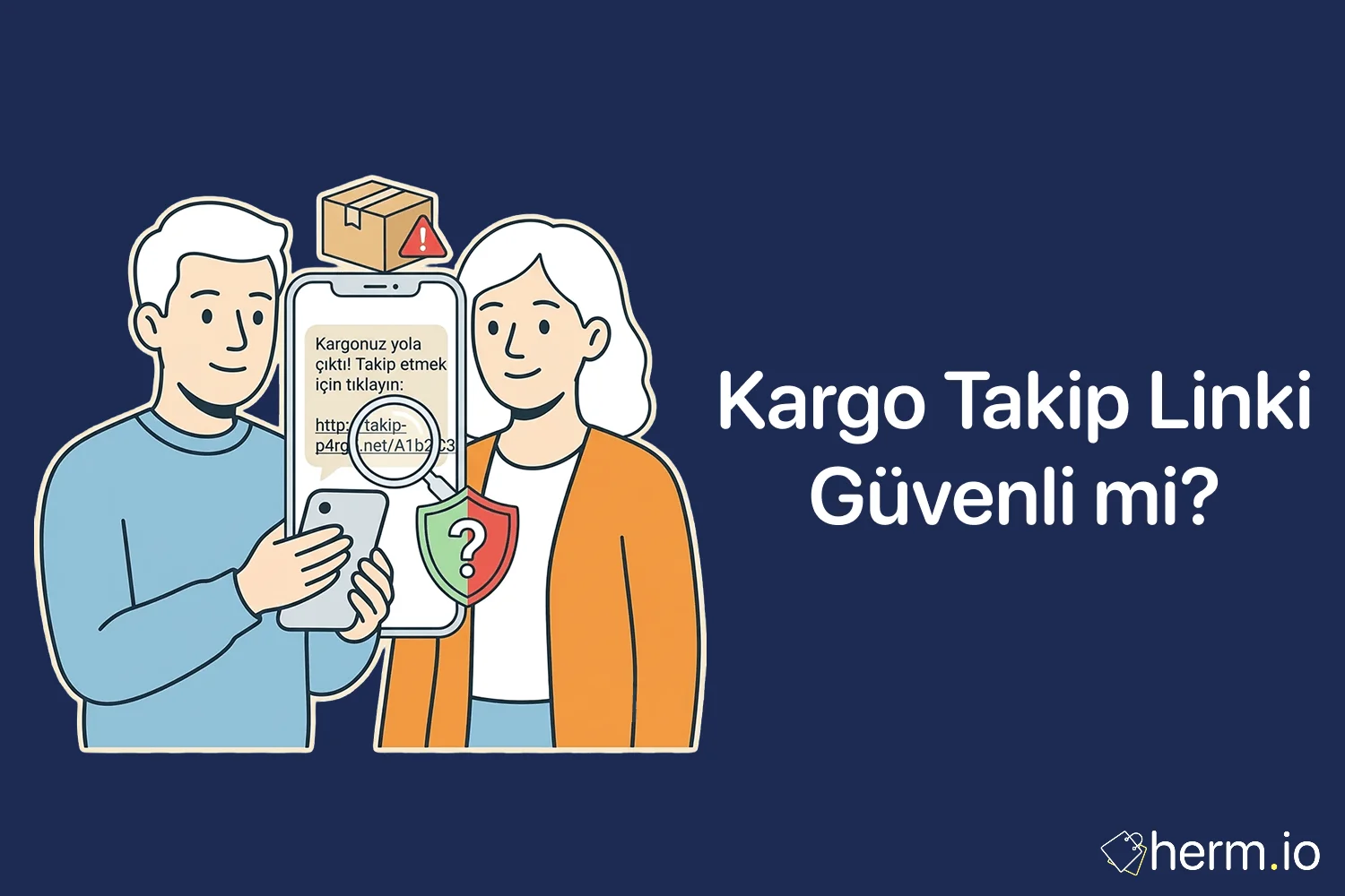 Telefona gelen kargo takip SMS'ini kontrol eden kullanıcı ve sahte link uyarısı temalı güvenli alışveriş rehberi görseli.