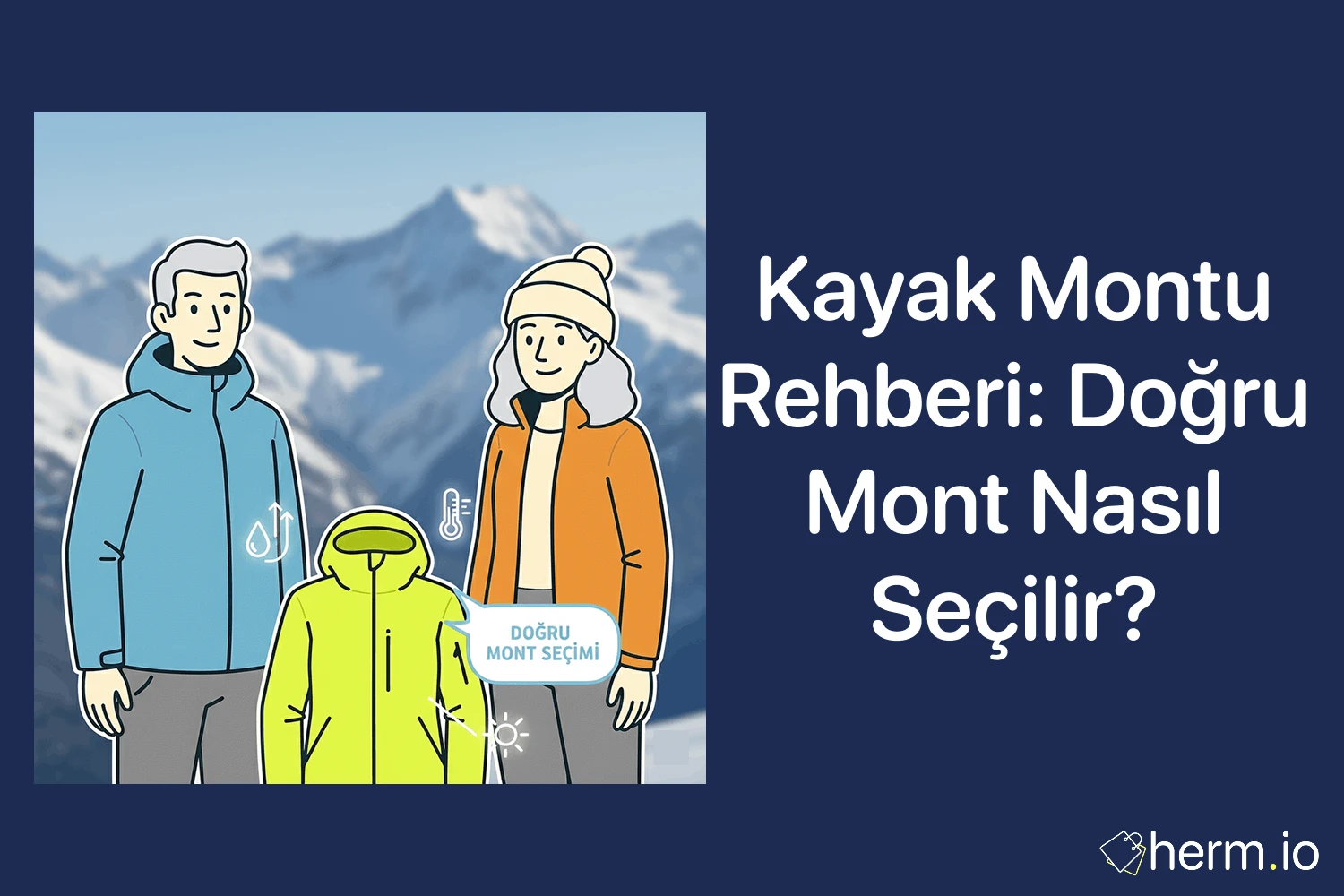Kayak montu rehberi kapak görseli; karlı dağ manzarasında kayak montu seçimi anlatan çift ve mont illüstrasyonu.