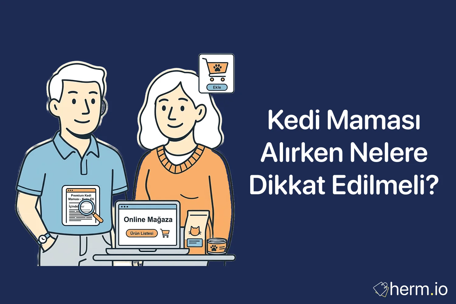 Online kedi maması alışverişinde içerik etiketi, yaş, kilo kontrolü, kuru ve yaş mama seçimini anlatan rehber görseli.
