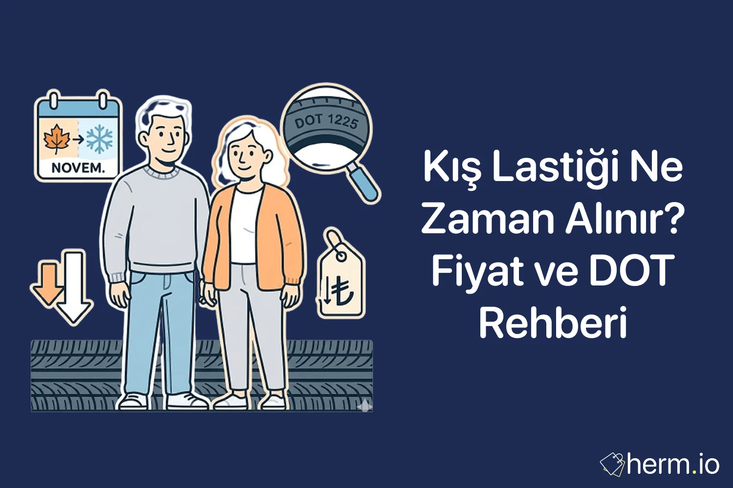 Kış lastiği alışveriş rehberi kapak görseli: otomobil lastiği, fiyat etiketi, takvim ve online sepet öğeleri.