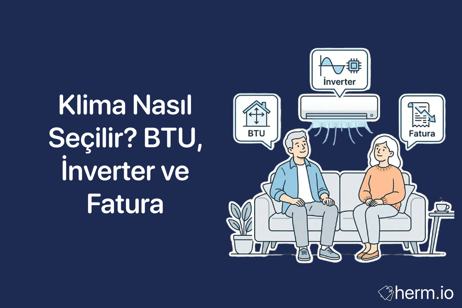 Ev için klima seçimini anlatan kapak görseli: salon, klima kumandası, BTU hesabı ve elektrik faturası temalı alışveriş rehberi.