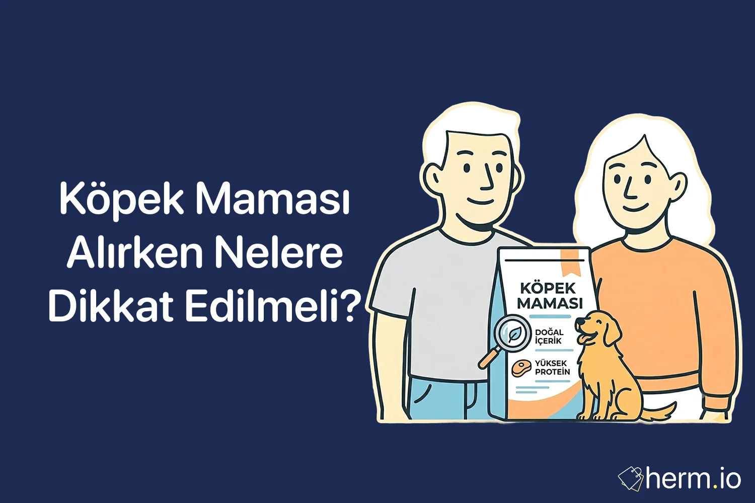 Köpek maması seçerken içerik etiketi, porsiyon hesabı, ırk ve yaş bilgilerini kontrol eden alışveriş rehberi görseli.