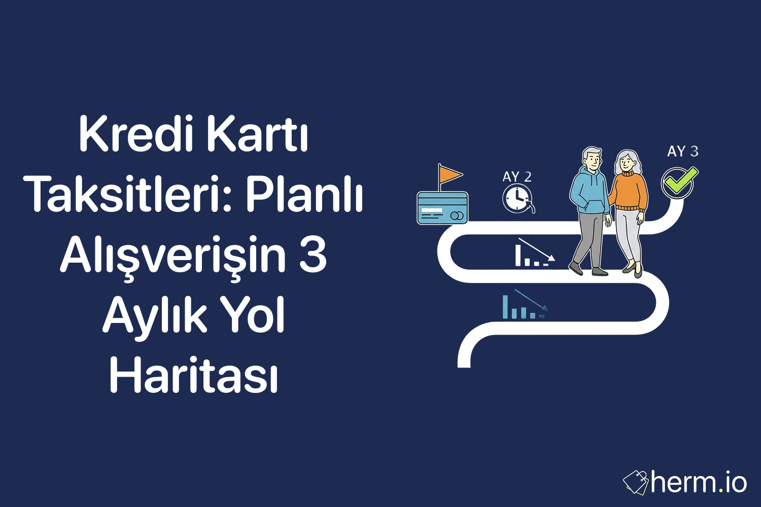 Kredi kartı taksitleri rehberi kapak görseli: 3 aylık planlı alışveriş yol haritası, adım adım hedef ikonları