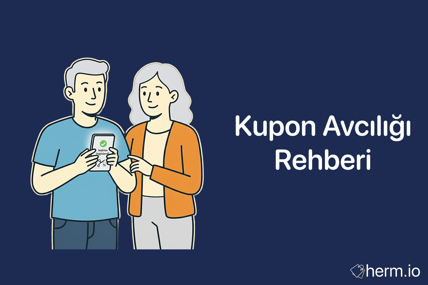 Kupon avcılığı rehberi kapak görseli: telefonda indirim uygulandı mesajı gösteren çift, online kuponla tasarruf