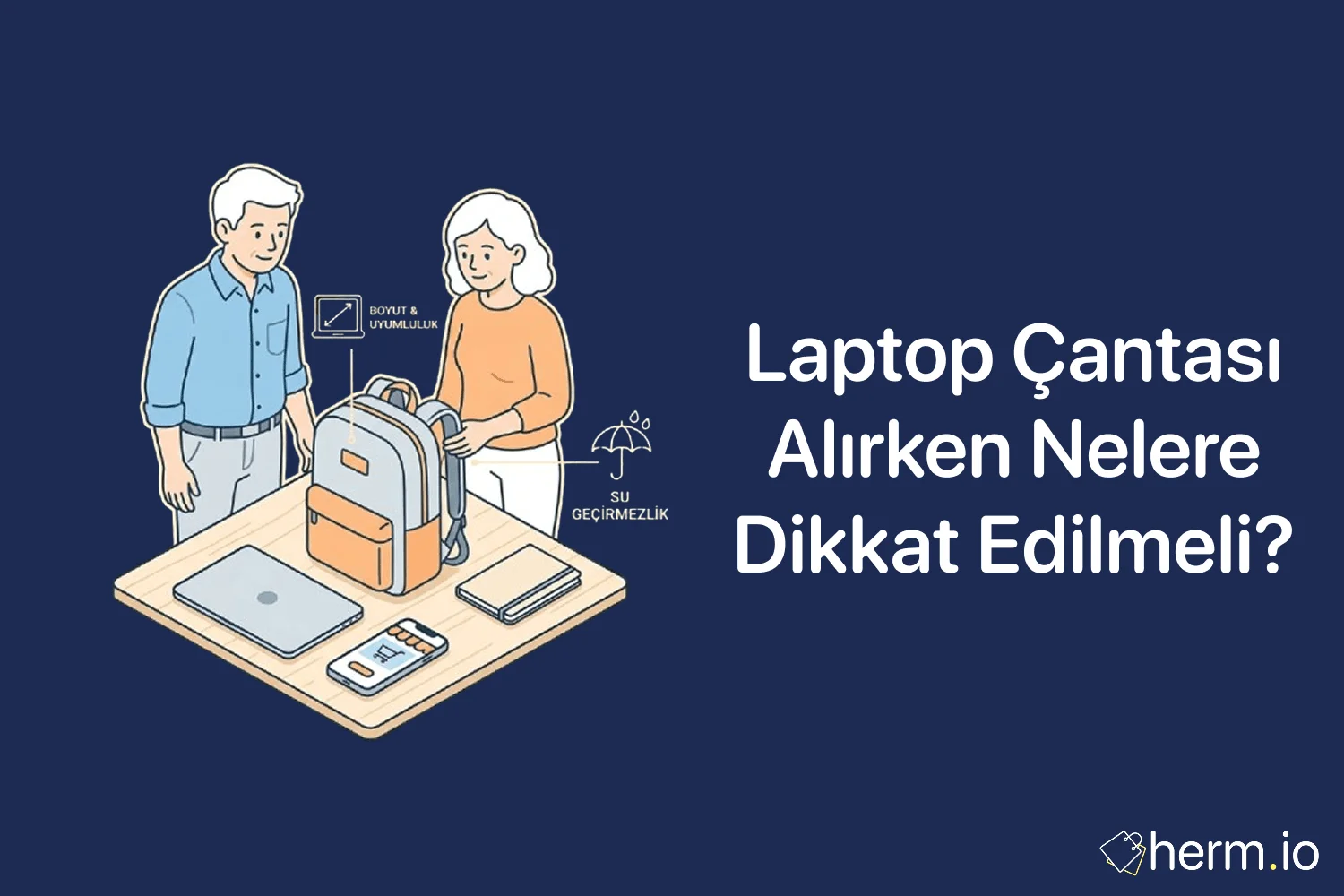 Laptop çantası seçimi için iç ölçü, darbe koruması, cep düzeni ve online alışveriş kontrol adımlarını gösteren rehber görseli.