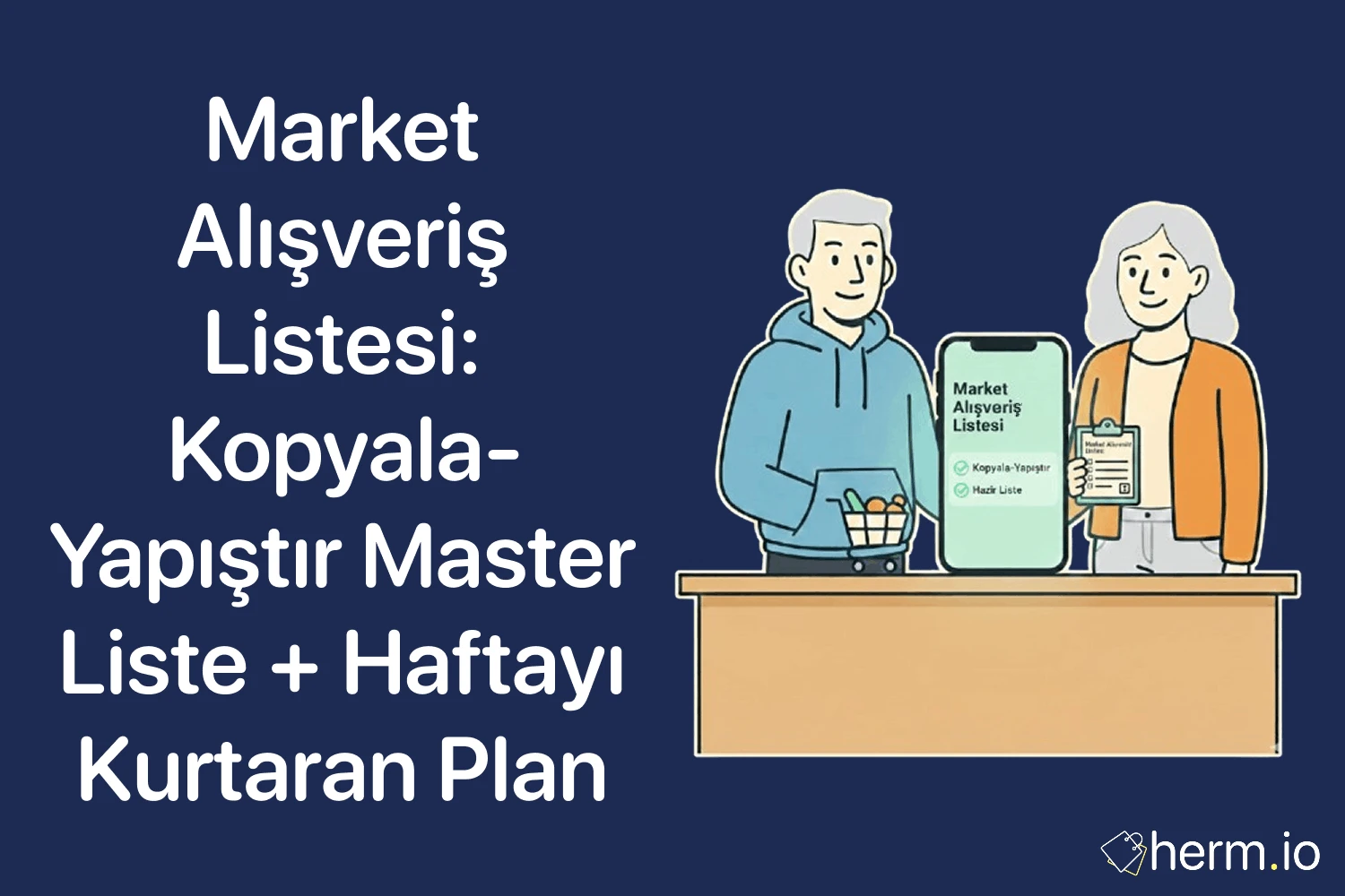 Market alışveriş listesi kopyala-yapıştır hazır liste kapak görseli; telefon ekranında liste ve alışveriş sepeti illüstrasyonu