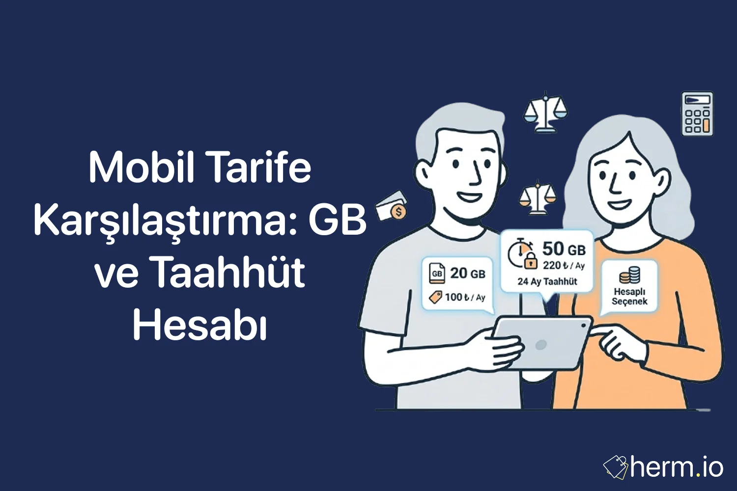 Mobil tarife karşılaştırma rehberi için telefon ekranında GB, fiyat ve taahhüt hesabını gösteren alışveriş temalı görsel.