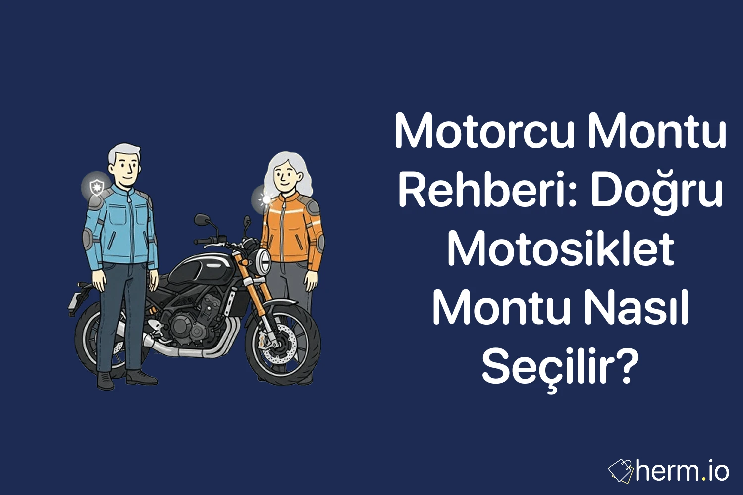 Motorcu montu rehberi kapak görseli; motosiklet yanında korumalı mont giyen çift ve motosiklet montu seçimi illüstrasyonu.