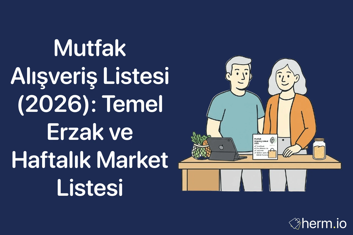 Mutfak alışveriş listesi (2026) kapak görseli; temel erzak ve haftalık market listesi hazırlayan çift, masada laptop ve alışveriş listesi.