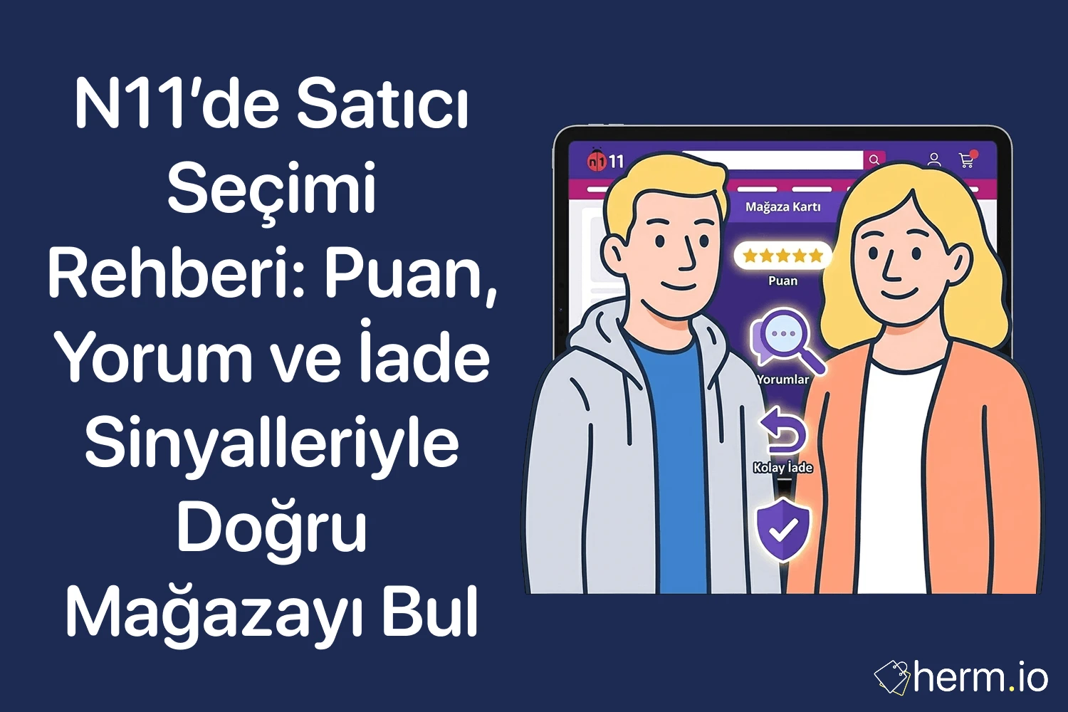 N11’de satıcı seçimi rehberi kapak görseli; puan, yorumlar ve kolay iade ikonlarıyla mağaza seçen çift illüstrasyonu.