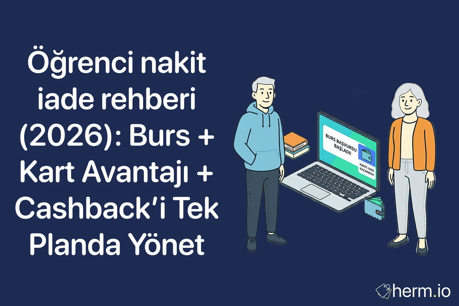 Öğrenci nakit iade rehberi (2026) kapağı; burs başvurusu ekranı, kart avantajı ve cashback’i tek planda yönetme anlatımı.