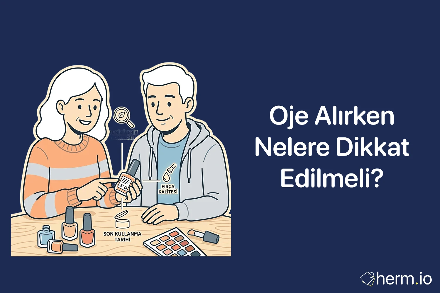 Online oje alışverişinde renk, fırça tipi, içerik etiketi ve kalıcılık kontrolünü anlatan Türkçe alışveriş rehberi görseli.