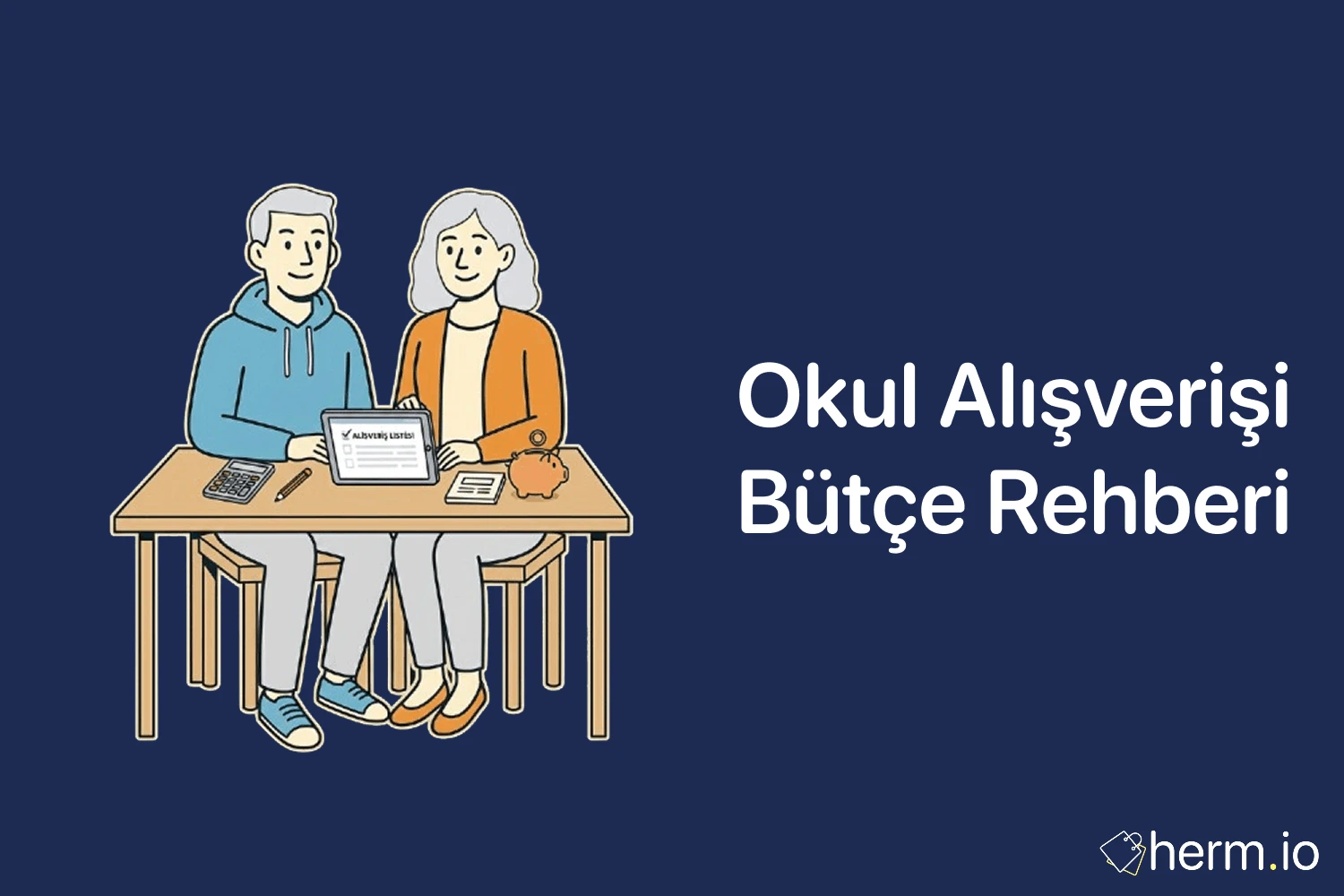 Okul alışverişi bütçesi planlama rehberi kapak görseli; liste hazırlayan çift ve hesap makinesi illüstrasyonu
