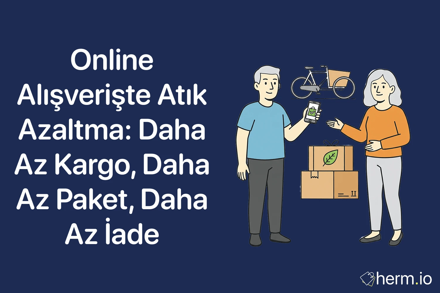 Online alışverişte atık azaltma kapak görseli: daha az kargo, daha az paket, daha az iade; yaprak simgeli kutular ve teslimat sahnesi.