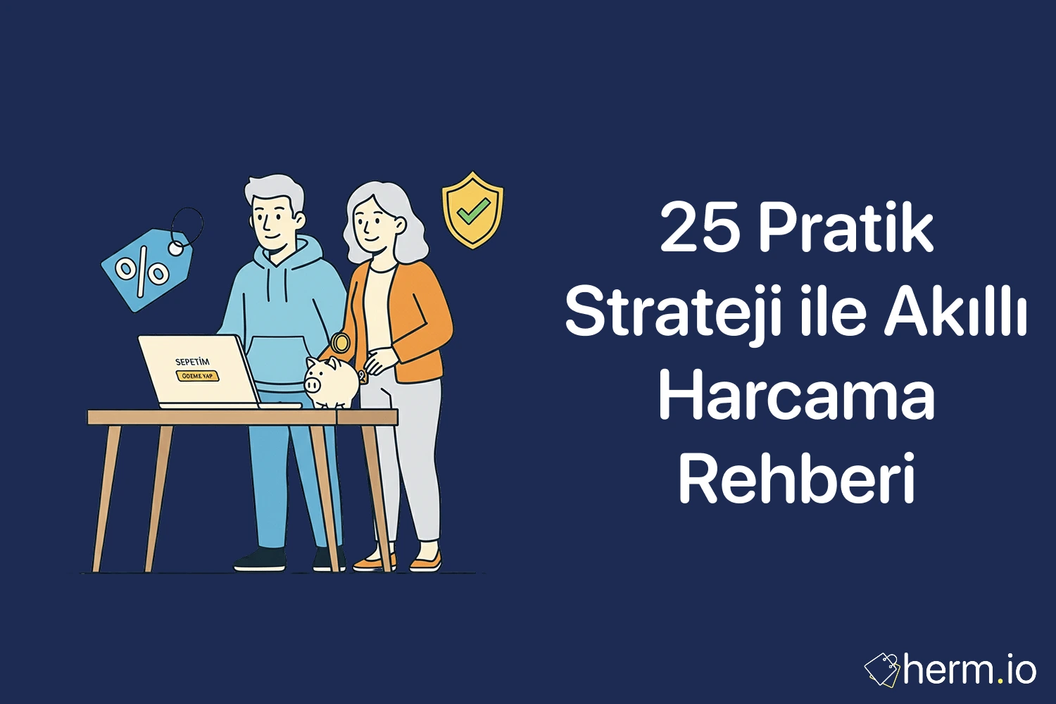 Akıllı harcama rehberi kapak görseli: online alışveriş yapan çift, indirim etiketi ve güvenlik ikonu