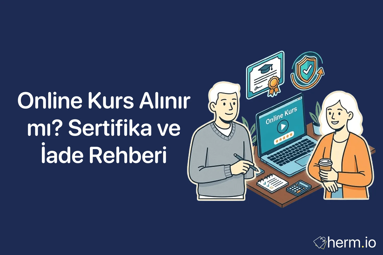 Online kurs satın alma rehberi kapak görseli: dizüstü bilgisayar ekranında eğitim videosu, sertifika ve iade kontrol listesi.