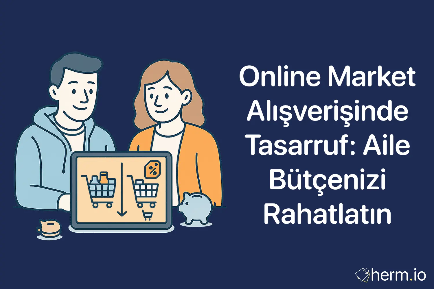 Online market alışverişinde tasarruf yapan çift, tablette sepet karşılaştırıyor; indirim etiketi ve kumbara aile bütçesini simgeliyor.