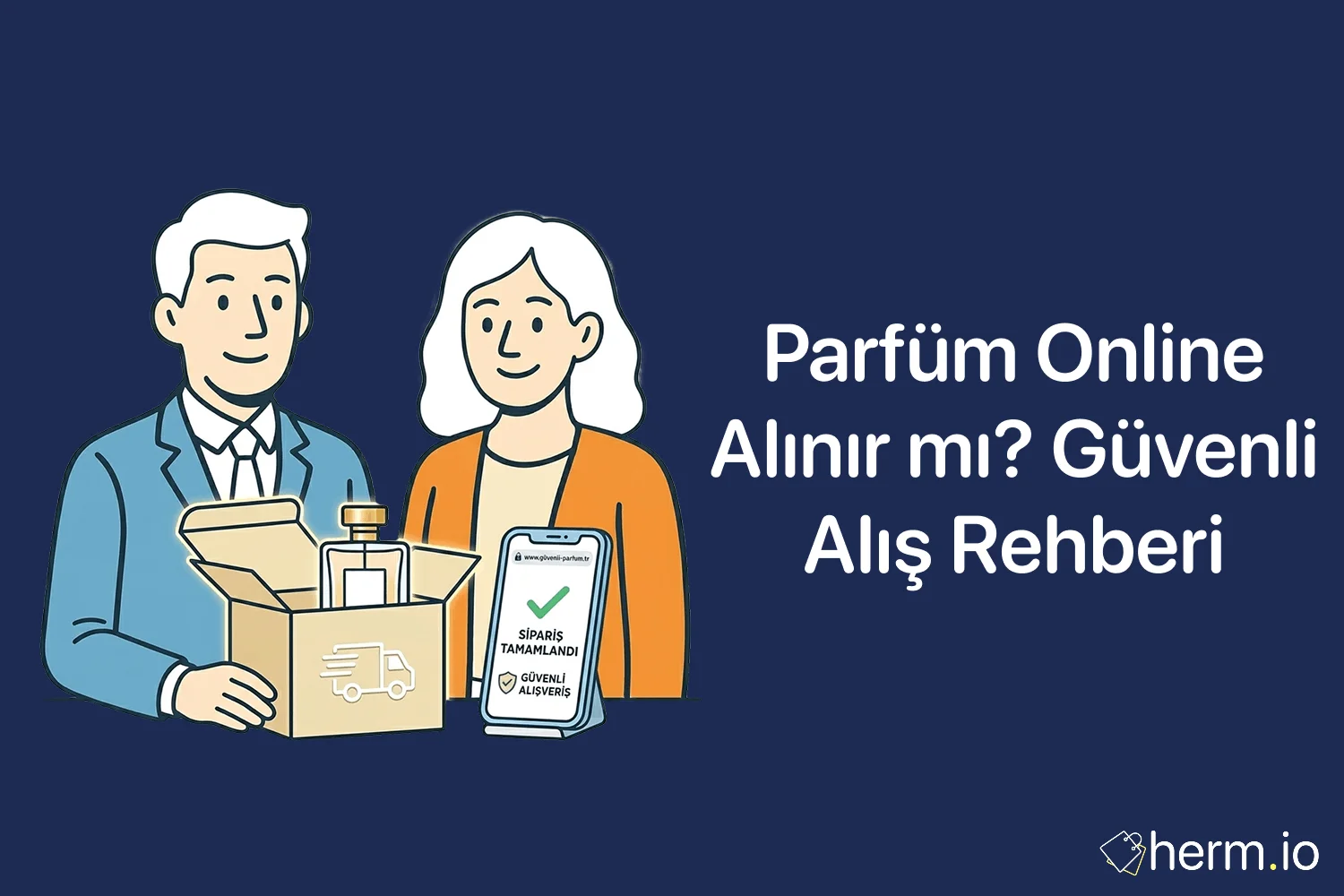 Online parfüm alışverişinde orijinallik, satıcı kontrolü, fatura, iade koşulu ve kalıcılık kontrolünü anlatan rehber görseli.