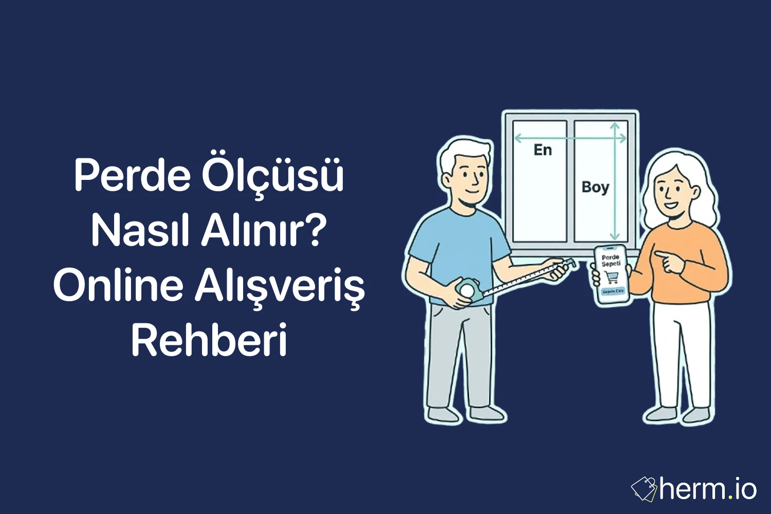 Online perde alışverişi için mezura, pencere, tül ve blackout kumaş örnekleriyle ölçü alma rehberi kapak görseli.