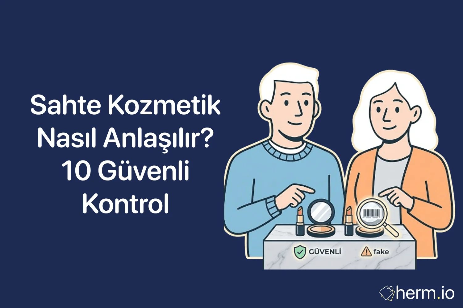 Online kozmetik alışverişinde sahte parfüm ve makyaj ürününü kontrol eden tüketici için güvenli alışveriş rehberi görseli.