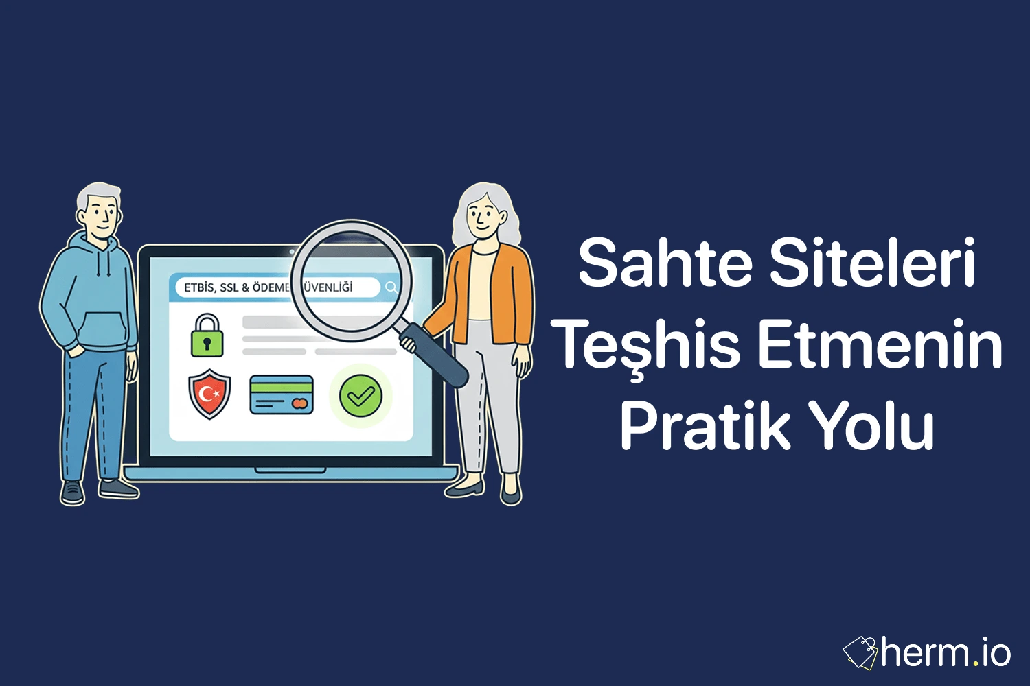 Sahte site tespiti rehberi kapak görseli: büyüteçle kontrol edilen web sayfası, SSL ve ödeme güvenliği ikonları