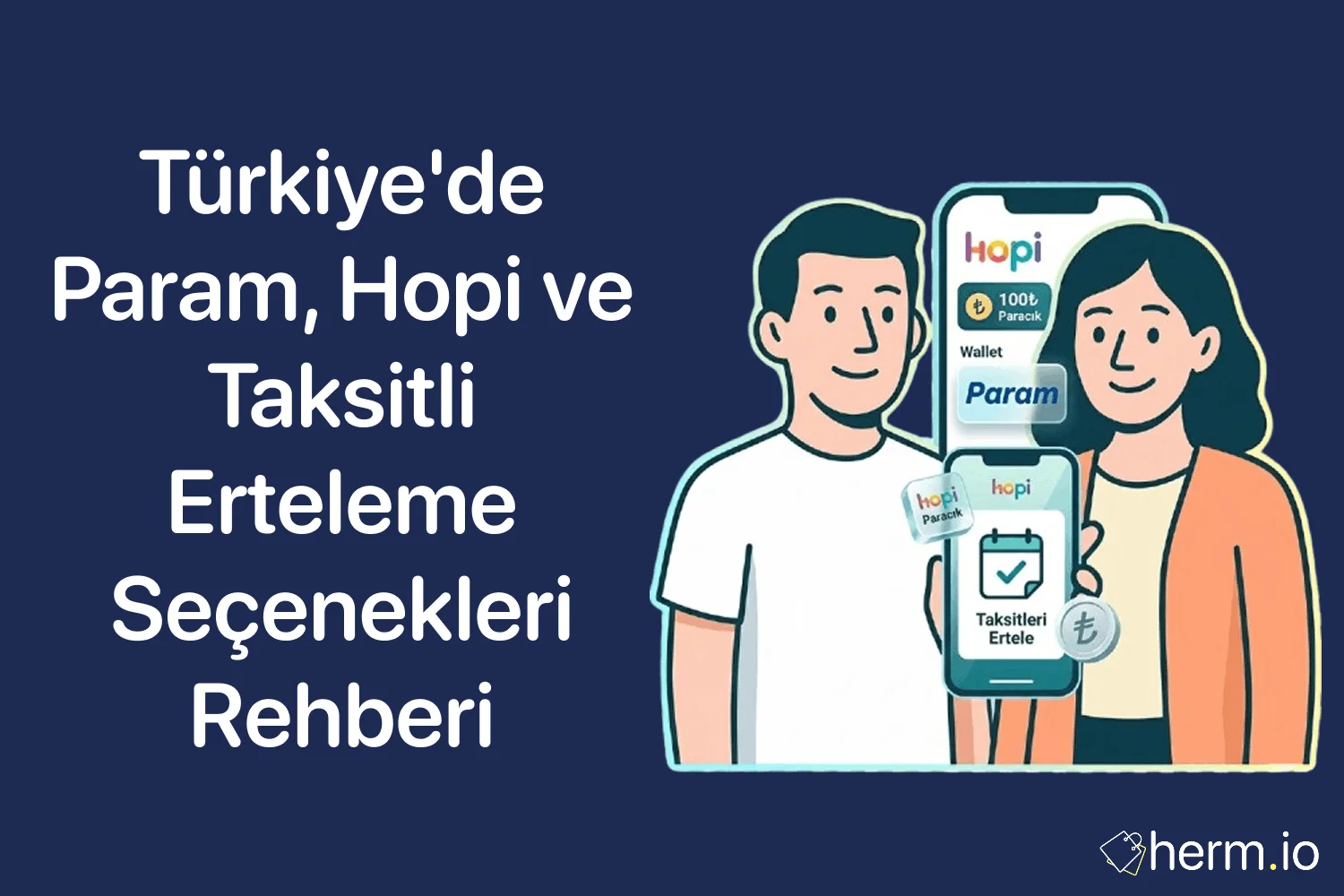 BNPL ve sonra öde rehberi kapak görseli; telefon, kart, takvim ve taksit ikonlarıyla Param ve Hopi benzeri ödeme seçeneklerini anlatan illüstrasyon.