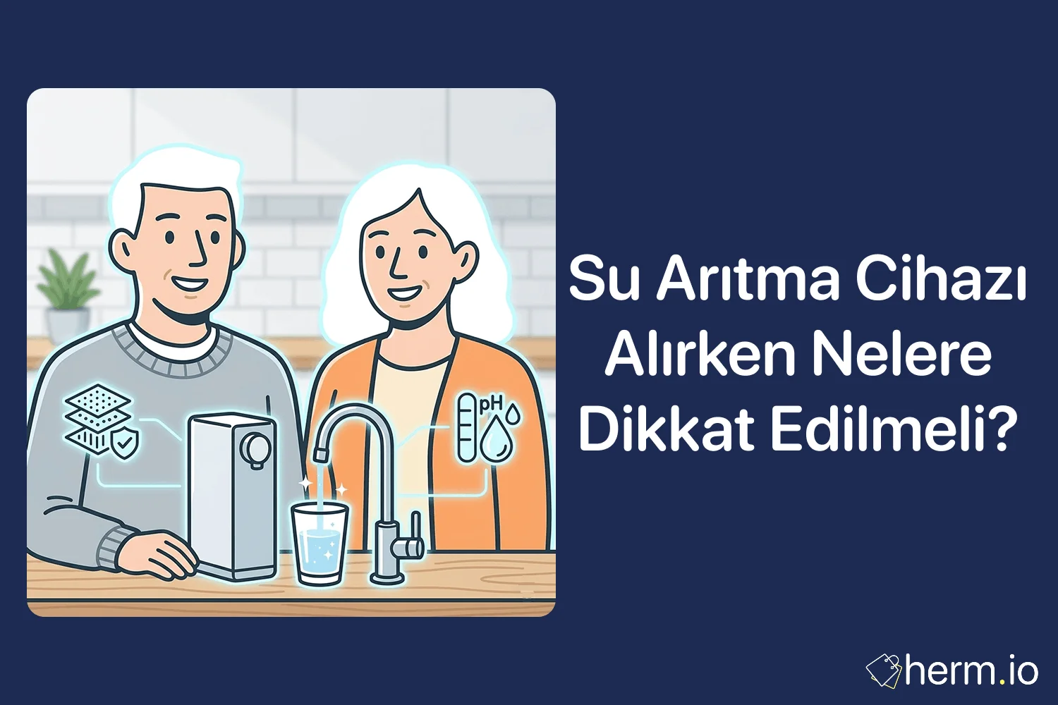 Mutfakta su arıtma cihazı seçimini anlatan kapak görseli; filtre, servis, damacana ve aile bütçesi temalı alışveriş rehberi.