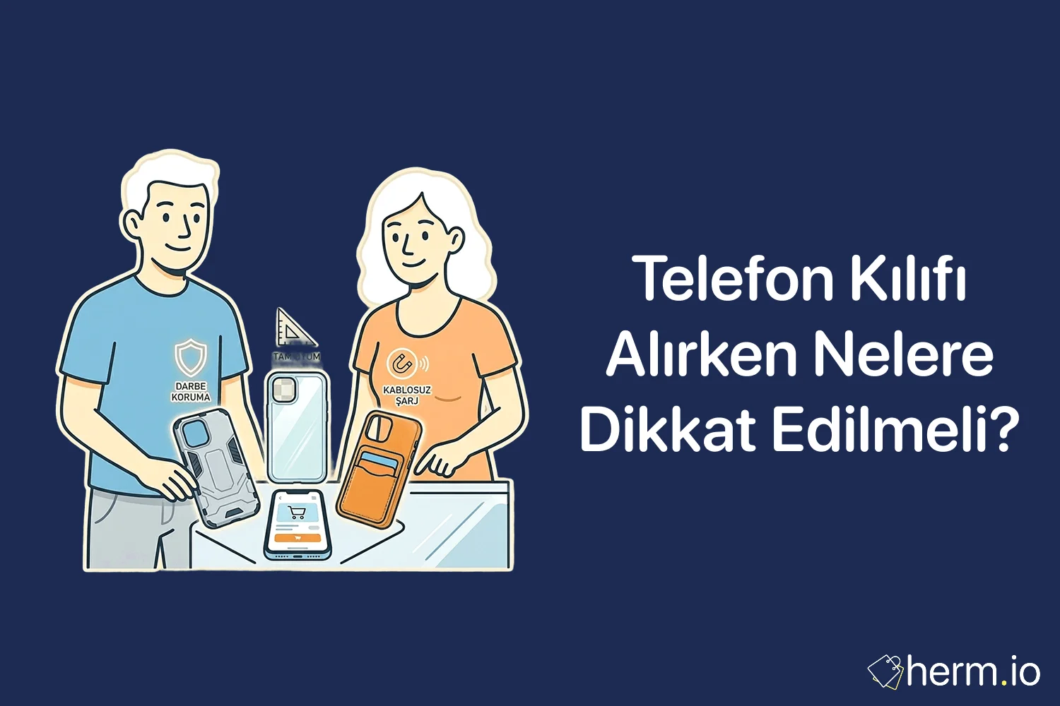 Telefon kılıfı seçerken model uyumu, kamera koruması, malzeme ve MagSafe desteğini gösteren alışveriş rehberi görseli.