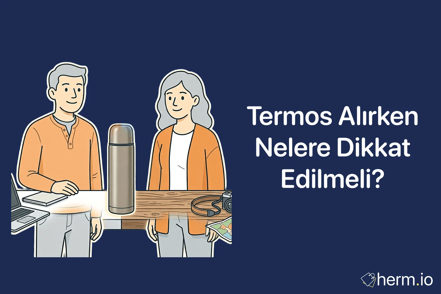 Online termos alışverişinde ısı süresi, kapak tipi, koku sorunu ve hacim seçimini gösteren Türkçe alışveriş rehberi görseli.