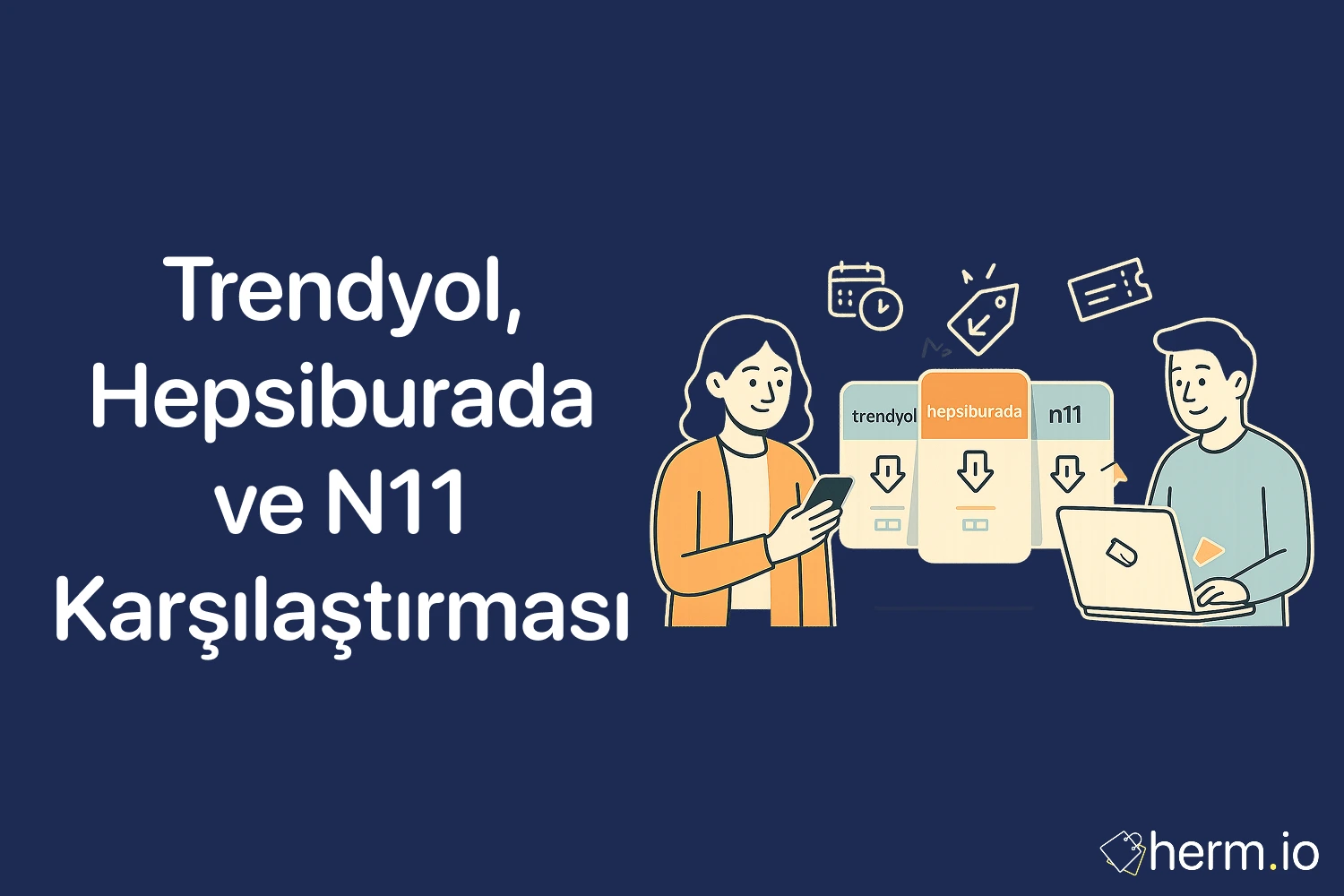 İki kişi; Trendyol, Hepsiburada ve N11 uygulama kartları; teslimat, indirim ve takvim ikonlarıyla platform karşılaştırma rehberi.
