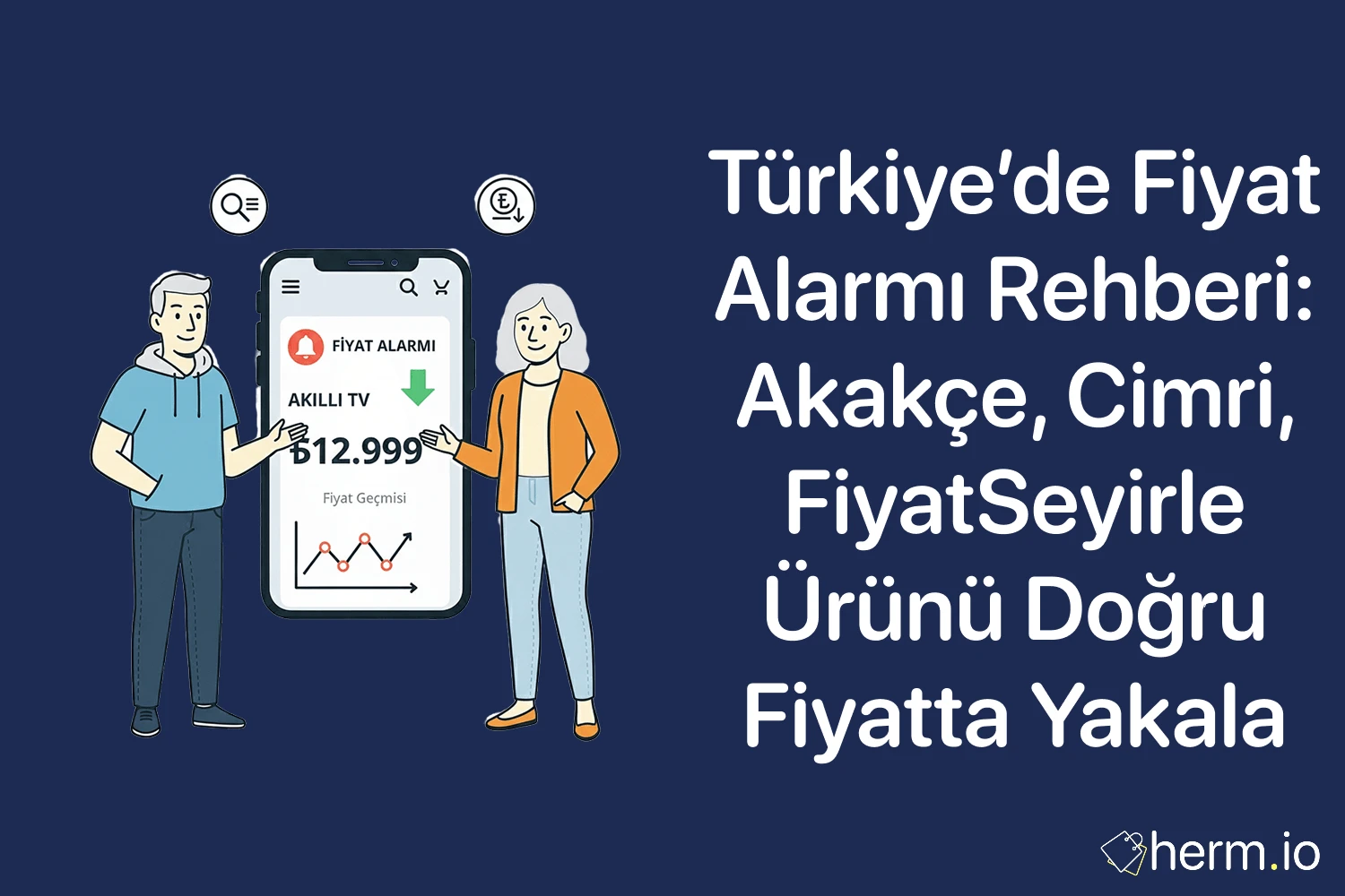 Türkiye’de fiyat alarmı rehberi kapak görseli: Akakçe, Cimri, FiyatSeyir ve eklentiyle ürünü doğru fiyatta yakala; fiyat grafikli telefon illüstrasyonu.
