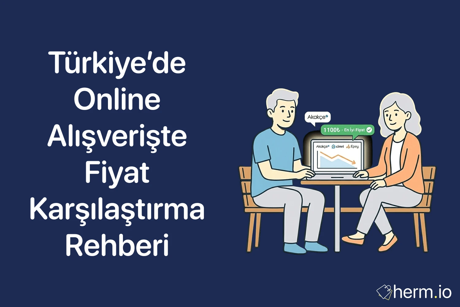 Türkiye’de online alışverişte fiyat karşılaştırma rehberi kapak görseli; Akakçe/Cimri karşılaştırması ve fiyat grafiği gösteren laptopla çift illüstrasyonu.
