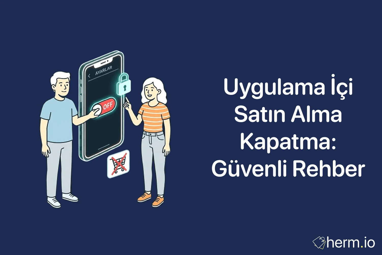 Telefon ekranında App Store ve Google Play ödeme ayarları, çocuk kilidi ve abonelik kontrolünü anlatan Türkçe rehber görseli.
