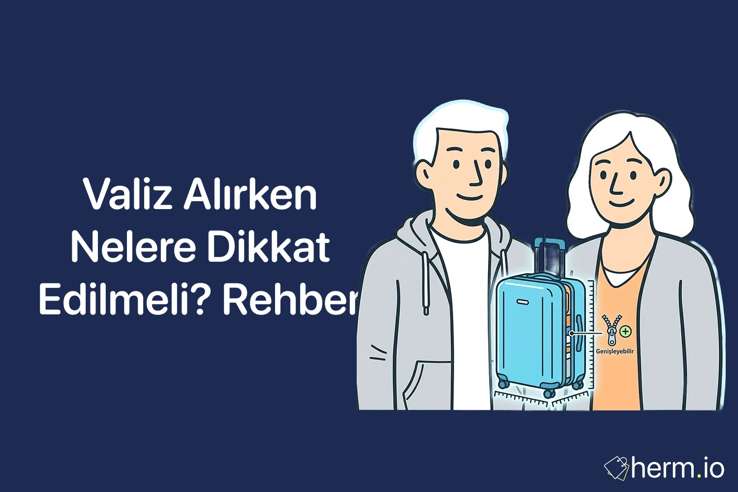 Kabin boy ve büyük boy valiz seçerken ölçü, boş ağırlık, tekerlek, malzeme ve online alışveriş kontrolünü gösteren rehber görseli.