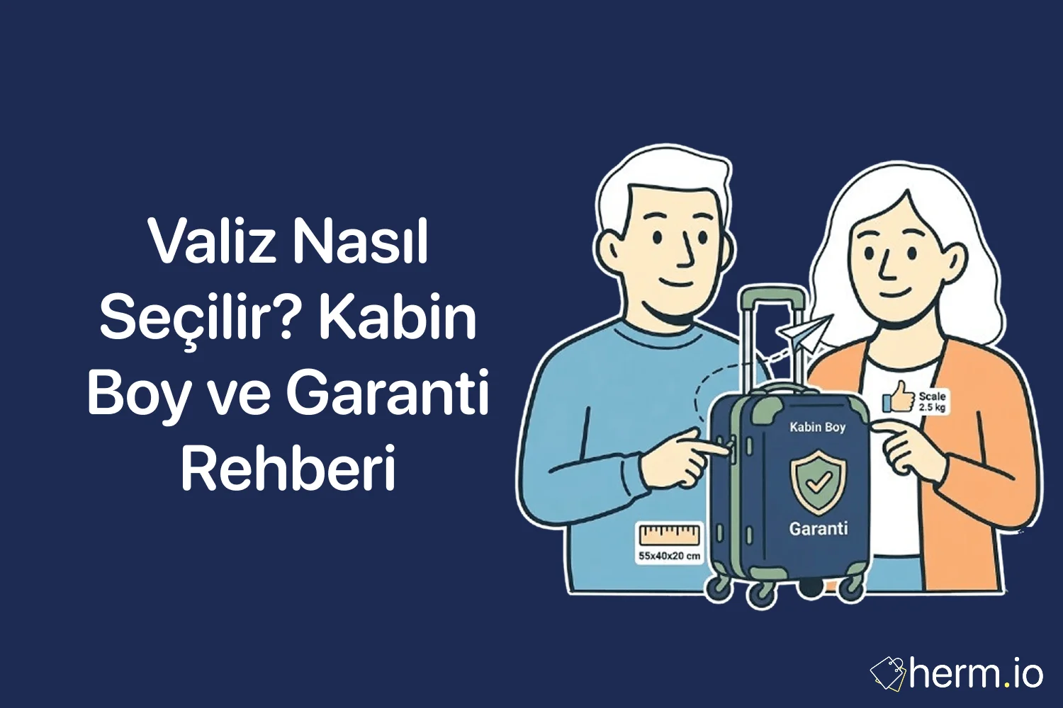 Valiz alışveriş rehberi kapak görseli: kabin boy bavul, ölçü bandı, tekerlek ve garanti kontrolü detayları.