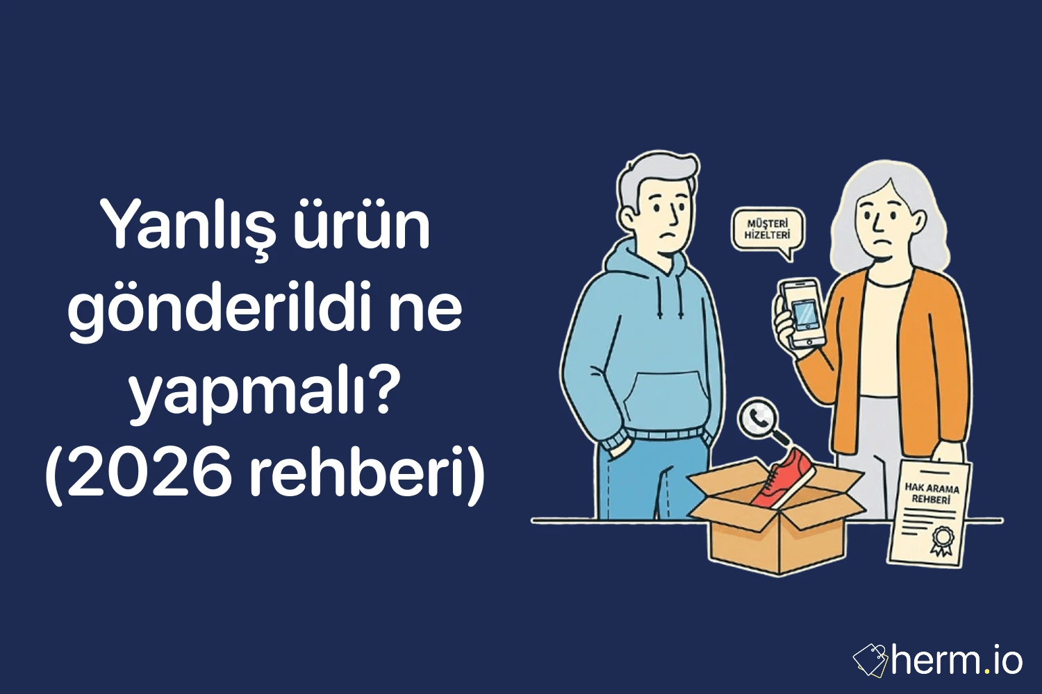 Yanlış ürün gönderildiğinde iade ve değişim adımlarını anlatan 2026 rehberi kapak görseli (müşteri hizmetleri, kutu ve ayakkabı illüstrasyonu)