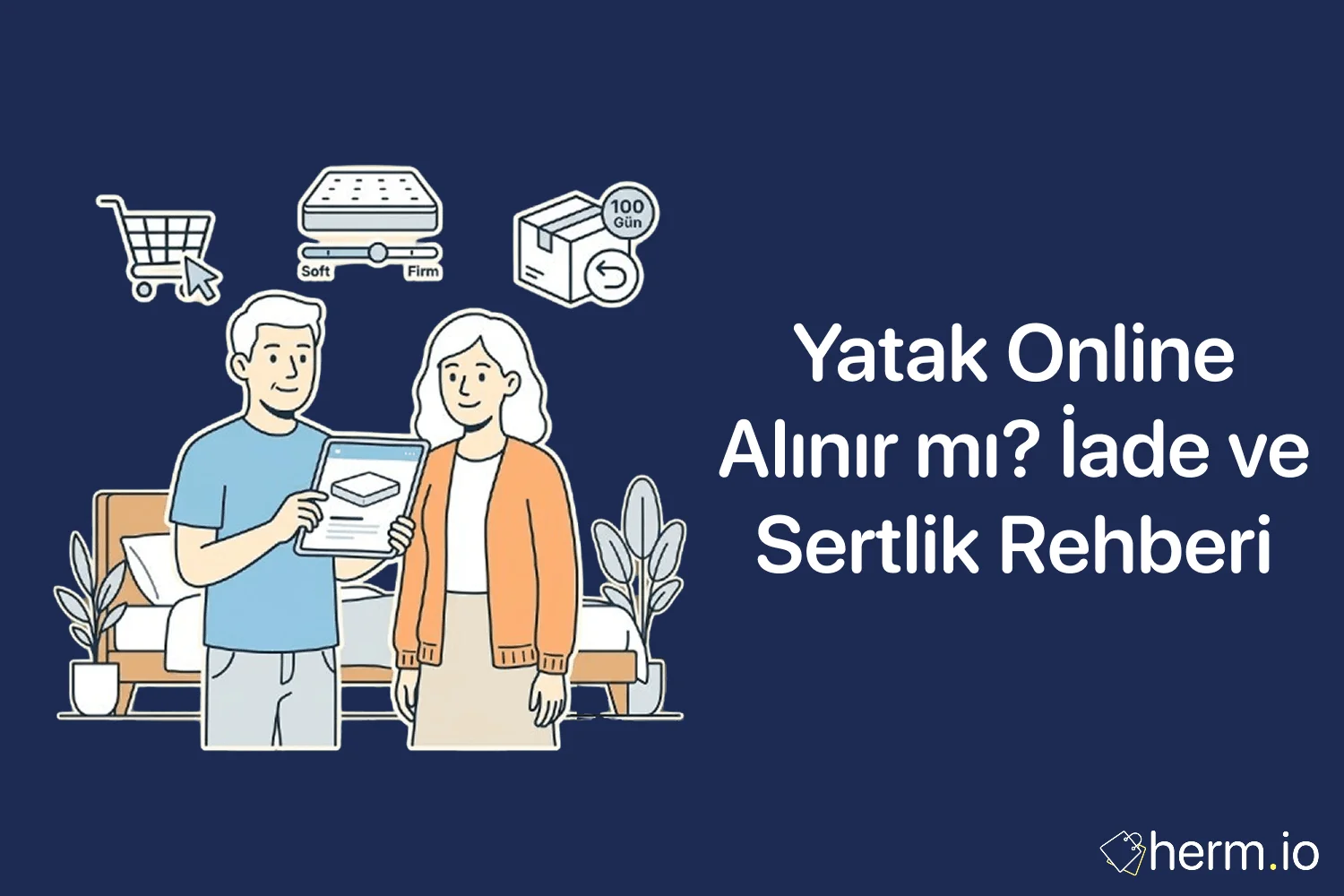 Online yatak alışverişinde sertlik, deneme süresi ve iade şartlarını kontrol eden alışveriş rehberi kapak görseli.
