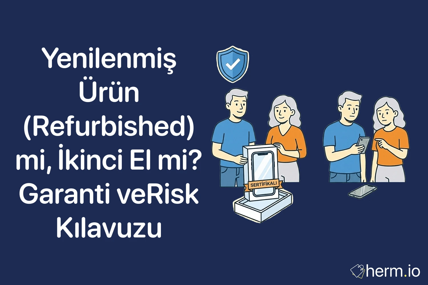 Yenilenmiş ürün (refurbished) mi ikinci el mi kapak görseli: garanti, risk ve toplam maliyet karşılaştırması; sertifikalı cihaz kutusu, kalkan simgesi ve telefon inceleyen çift.